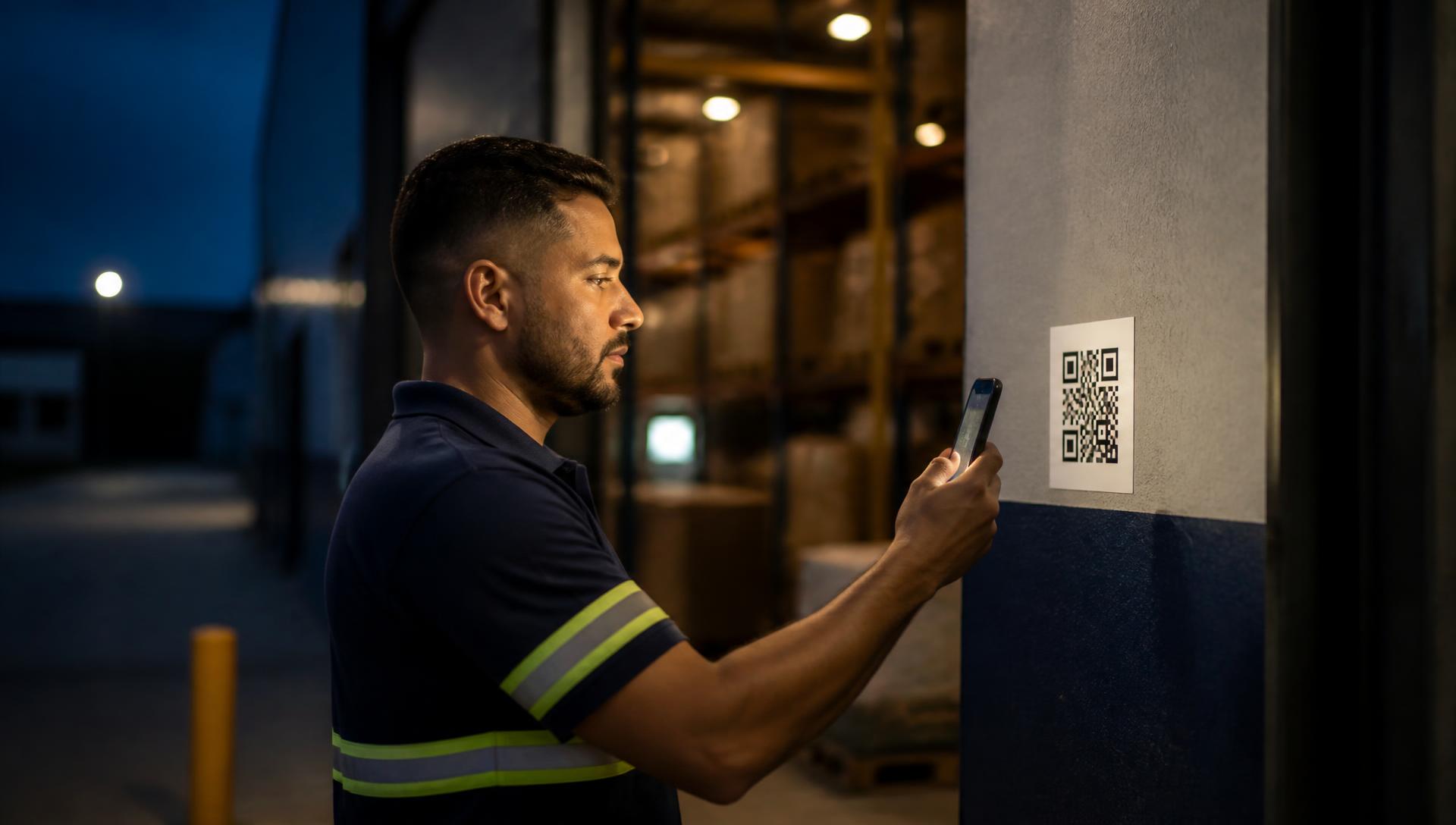 Colaborador de operação lendo o QR Code de ponto na entrada da empresa