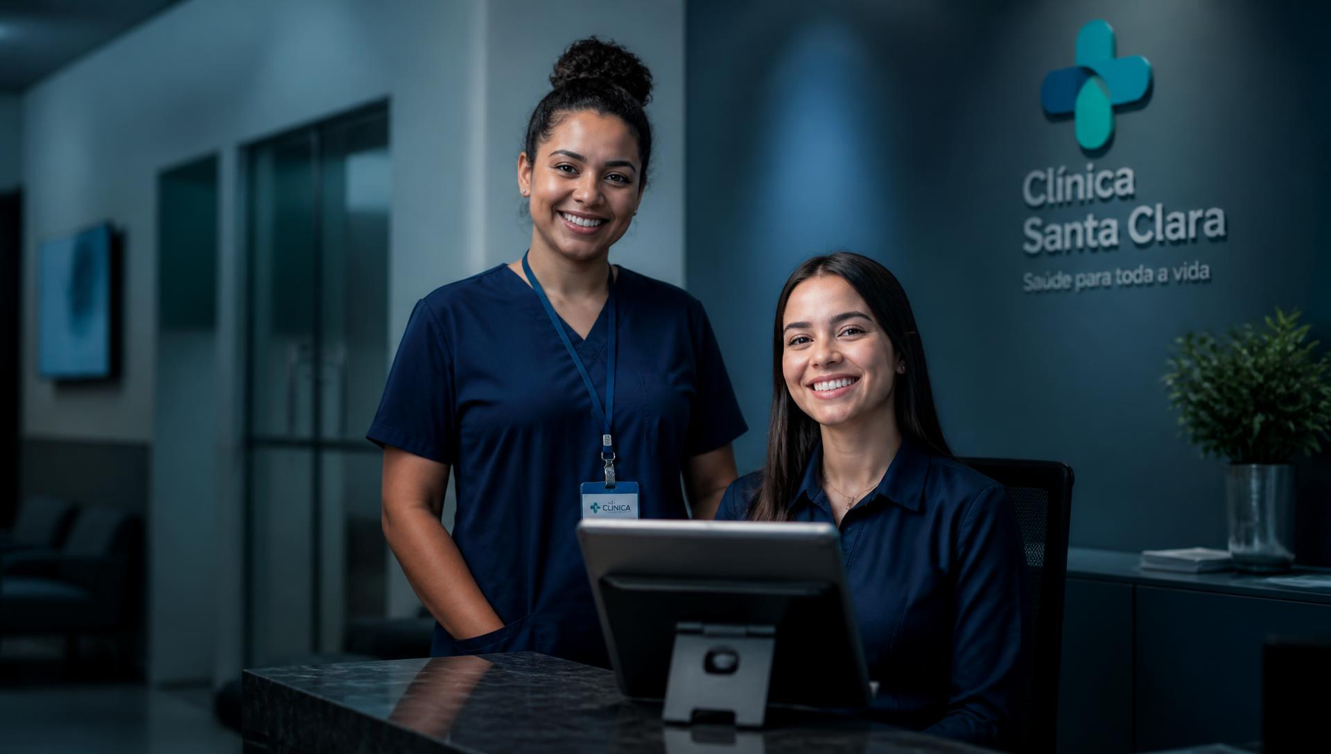 Equipe de clínica de saúde na recepção usando o TEMPUS em um tablet